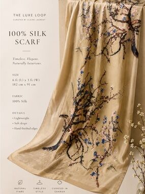 100% Silk Floral Branch Scarf in Champagne Gold